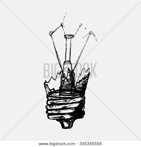 Monochrome Light Bulb. The Light Bulb Explodes To Pieces And The Glass Is Shattered. Hand-drawn Figu