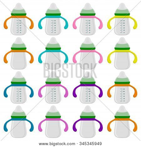 Illustration On Theme Big Colored Kit Baby Milk In Bottle With Rubber Pacifier. Baby Milk Bottle Con