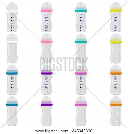 Illustration On Theme Big Colored Kit Baby Milk In Bottle With Rubber Pacifier. Baby Milk Bottle Con