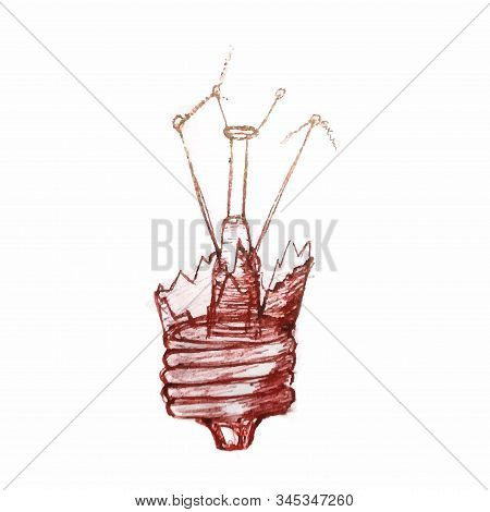 Red Tone Of Light Bulb. The Light Bulb Explodes To Pieces And The Glass Is Shattered. Hand-drawn Fig
