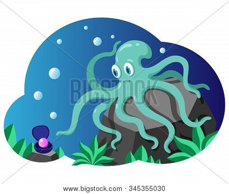 Curious Octopus Finds A Pearl In Shell.  Cartoon Undersea Life Scene.
 Funny Octopus.