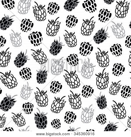 Vector Black And White Raspberries Seamless Background Pattern.