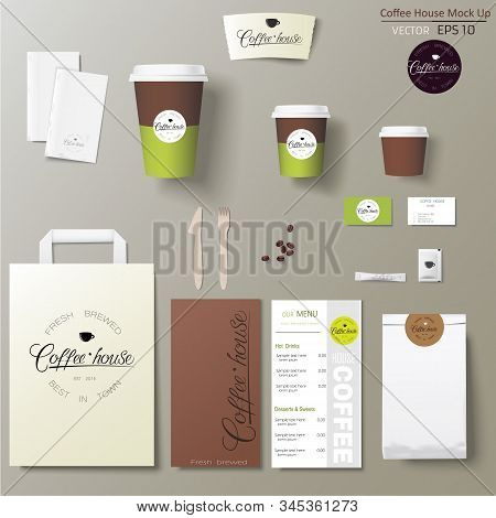 Coffee Shop Corporate Identity Template Design Set With Calligraphy Logo. Take Away Mock Up