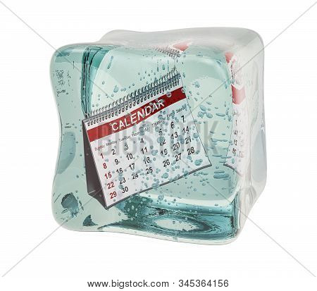 Desk Calendar Frozen In Ice Cube. Freeze Date Concept, 3d Rendering Isolated On White Background