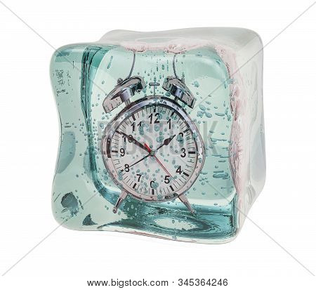 Alarm Clock Frozen In Ice Cube. Freeze Time Concept, 3d Rendering Isolated On White Background