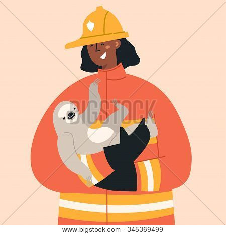 Vector Flat Firefighter In Fire Fighting Operation.