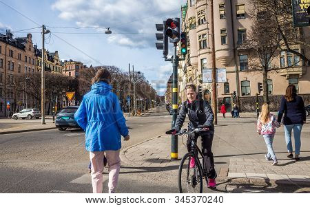 April 22, 2018, Stockholm, Sweden. Cyclists On One Of The Streets In Stockholm.