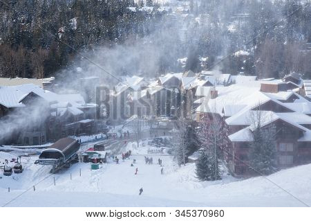 View From Above Of Creekside Village During A Sunny Winter Day. Taken From Whistler Mountain, Britis