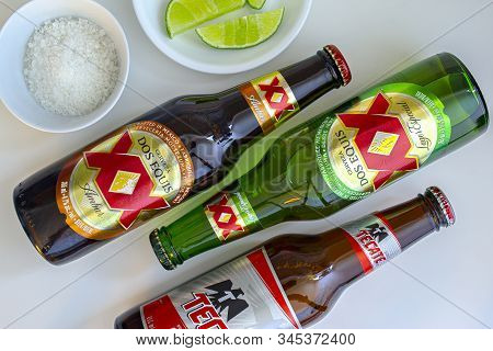 Monterrey, Nuevo León, Mexico. Jan 21, 2020. Bottles Of Mexican Pale And Dark Lager Beers Call: Teca