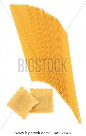 Ravioli and spaghetti pasta on a white background.