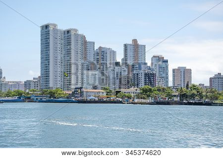Brazilian Coastal City Of Santos Sp. View Of The The City By The Sea, And The Car Ferry Access On Th