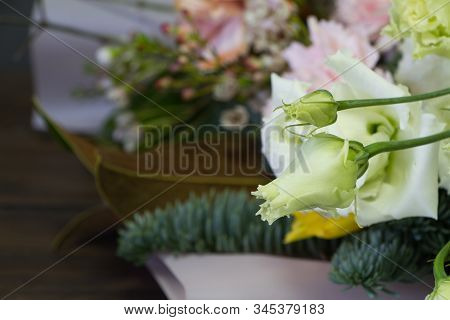 Detail Closeup Of Original Bouquet In Vintage Style On A Dark Background, Selective Focus