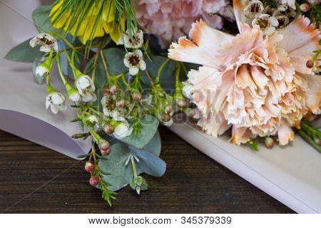 Detail Closeup Of Original Bouquet In Vintage Style On A Dark Background, Selective Focus