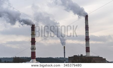Smoking Chimney Of The Gas Boiler Plant In Vilnus. Ecological Problem.