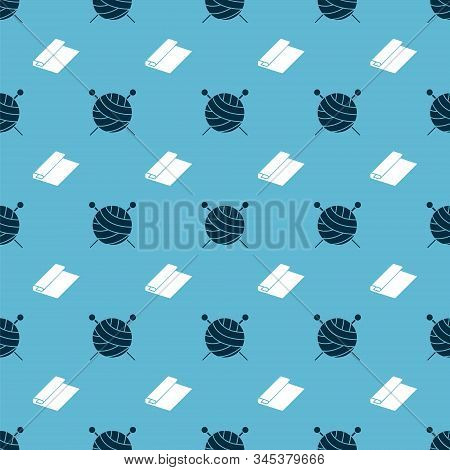 Set Yarn Ball With Knitting Needles And Textile Fabric Roll On Seamless Pattern. Vector