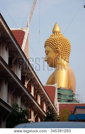 Bangkok , Thailand - January 13 , 2020 : The Large Outdoor Golden Sitting Buddha Is Phra Buddha Dham