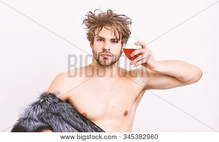 Rich Athlete Enjoy His Life. Richness And Luxury Concept. Sexy Sleepy Rich Macho Tousled Hair Drink 