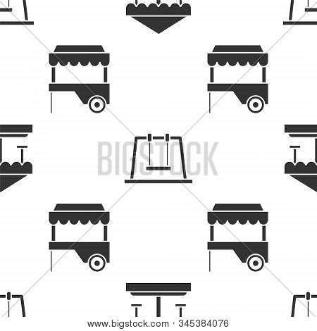Set Attraction Carousel, Swing And Fast Street Food Cart With Awning On Seamless Pattern. Vector