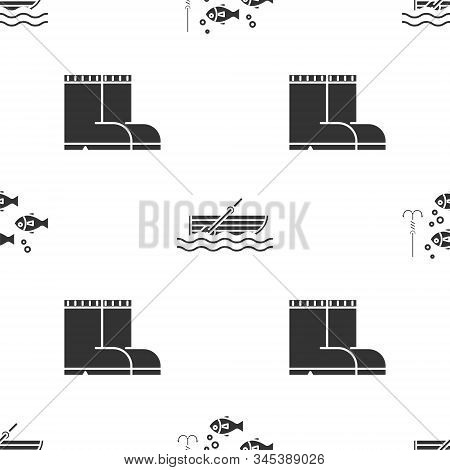 Set Fishing Hook Under Water With Fish, Fishing Boat With Oars On Water And Fishing Boots On Seamles