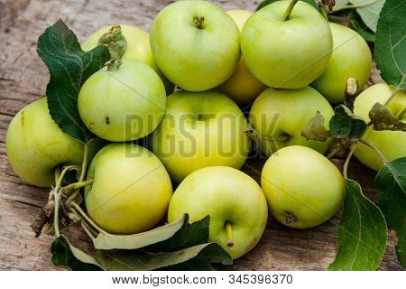 Fresh Ripe Apples On Rustic Wooden Table