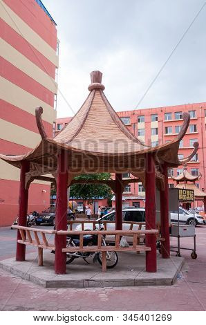 China, Heihe, July 2019: Gazebo In The Courtyard Of A Residential Building, Streets Of The Chinese C