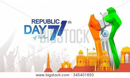 71 Years India Republic Day With Hand Fist In National Flag Color Theme. Monuments Background With P