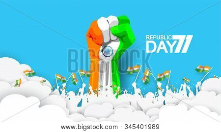 71 Years India Republic Day With Hand Fist In National Flag Color Theme. People Cheering And Celebra