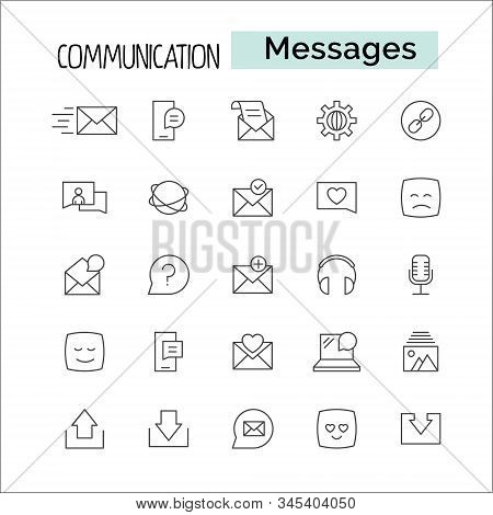 Media And Communication Message Related Line Outline Vector Icons. Includes Such As Phone Calls, Vid