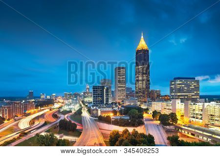 Atlanta, Georgia, USA downtown and midtown skyline at dusk.