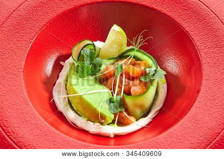 Gourmet salmon tartar with avocado puree, fresh parsley, lemon, spices on red restaurant plate. Macro shot of delicious luxury raw trout, tuna or yellowfin tatar closeup