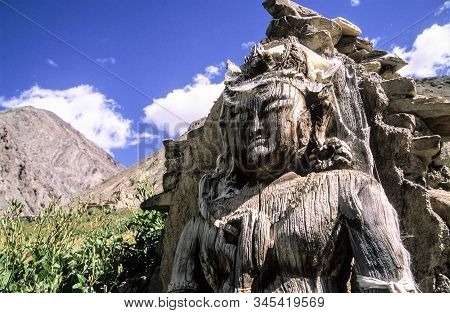 The Oldest Wooden Buddha Sculpture In Ladakh. People There In Northern Part Of India Are Followers O