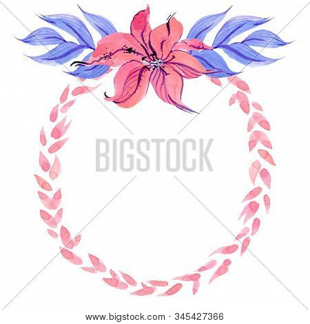 Title Frame Made Of Watercolor Leaves And Flowers On A White Background.