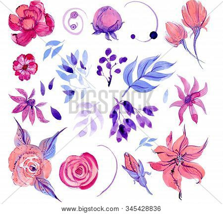 A Set Of Objects For Design. Blue And Lilac Leaves, Pink And Peach Flowers On A Spruce Background.