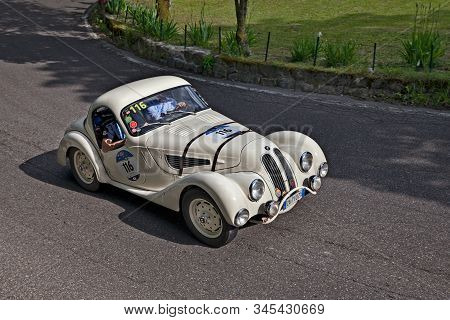Passo Della Futa (fi) Italy - May 21, 2016: Vintage Bmw  328 (1937) Travel In Tuscany During The Cla