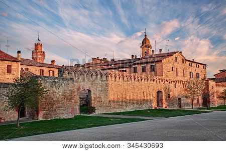 Buonconvento, Siena, Tuscany, Italy: Landscape  At Dawn Of The Ancient Town With The Medieval Walls 
