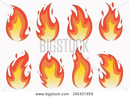 Fire Flames Set And Line Light Effect.  Fires Image, Hot Flaming Ignition, Flammable Blaze Heat Expl