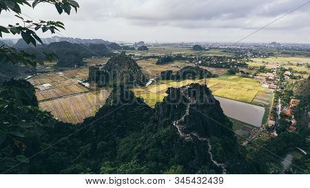 Aerial View Over Mountains Of Tam Coc Park In Ninh Binh, Vietnam