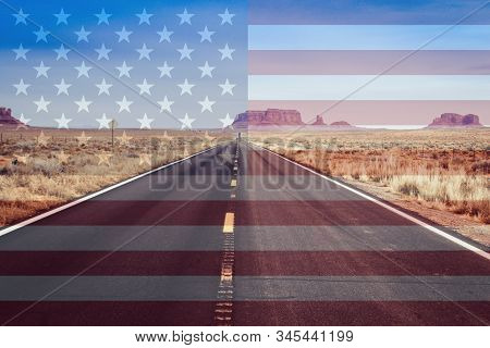 Lonely And Deserted American Road Into The Desert Of Monument Valley With No Cars, Displaying Vanish