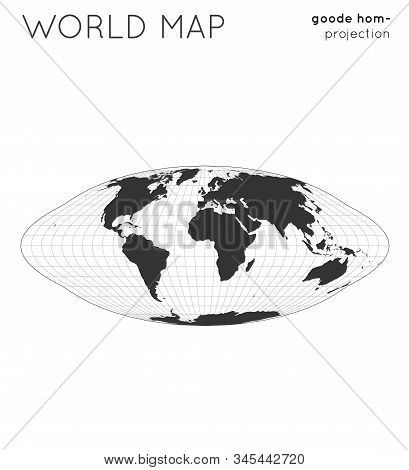 World Map. Globe In Goode Homolosine Projection, With Graticule Lines Style. Modern Vector Illustrat