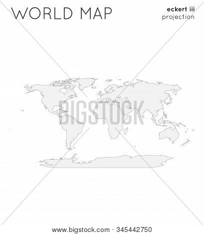 World Map. Globe In Eckert Iii Projection, Plain Style. Outline Vector Illustration.