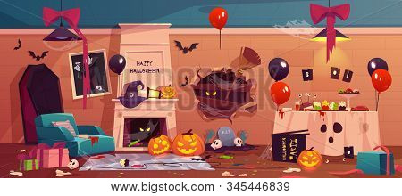 After Party Mess In Halloween Decorated Room, Empty Messy Dirty Afterparty Interior With Scattered L