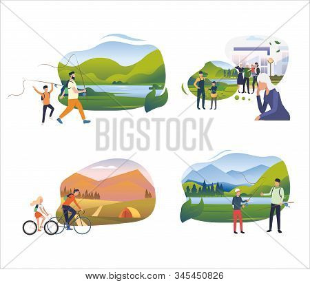 Set Of Family Spending Time Together. Flat Vector Illustrations Of People Going To Countryside. Summ