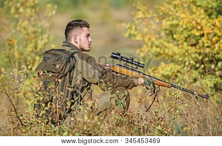 Hunting Equipment For Professionals. Hunting Is Brutal Masculine Hobby. Bearded Serious Hunter Spend