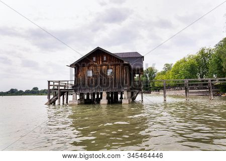 Wooden Cottage On Pier On The Lake Ammersee In Inning Am Ammersee, Germany