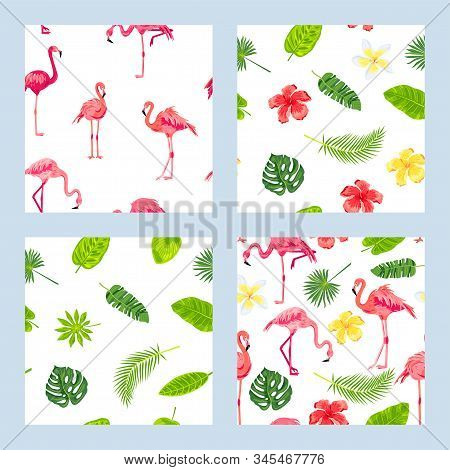 Pink Flamingos, Jungle Leaves And Tropical Flowers Seamless Patterns Set. Vector Illustration.