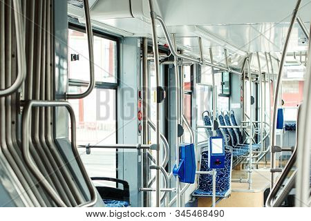 Modern City Tram Interior. Public Transport And E Tickets. Passenger Transportation. The Electric Bu