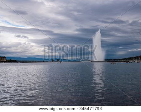 Stunning Viev Of Famous Fountain Jet Deau In Geneva City On Geneva Lake