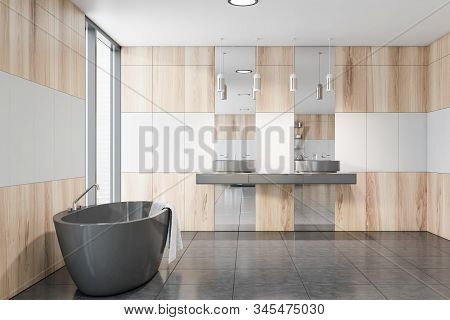 White And Wooden Bathroom, Tub And Sink