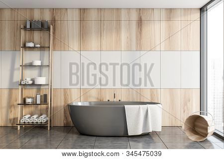 White And Wood Bathroom, Tub And Shelves