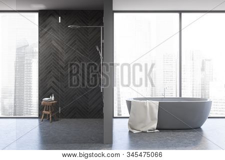 Panoramic Black Wood Bathroom, Tub And Shower